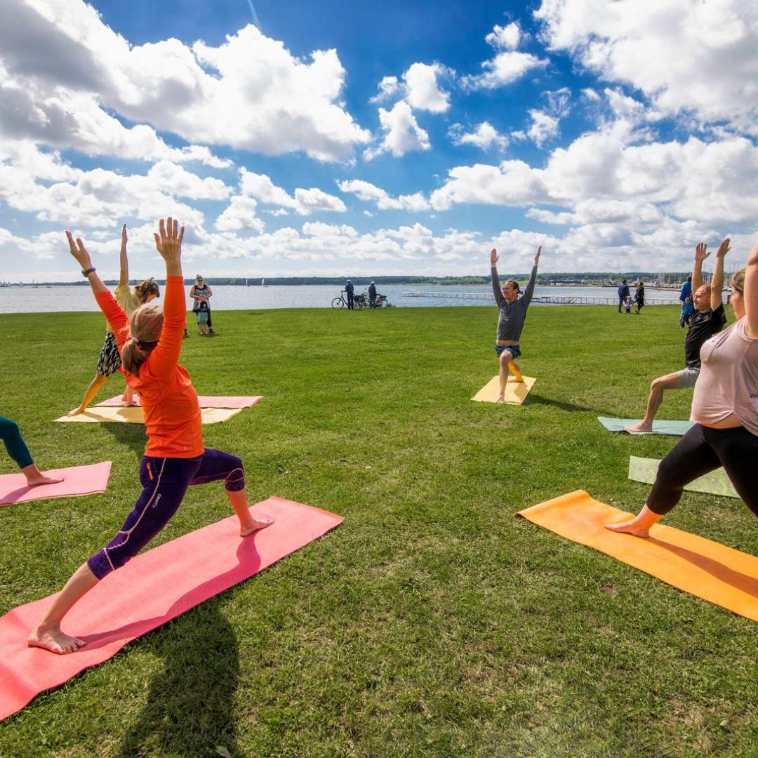 Mennesker laver yoga udenfor i cirkel
